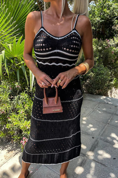 Sexy Stripe Hollow Out Weave V Neck Sling Dresses