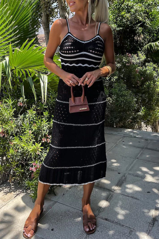 Sexy Stripe Hollow Out Weave V Neck Sling Dresses