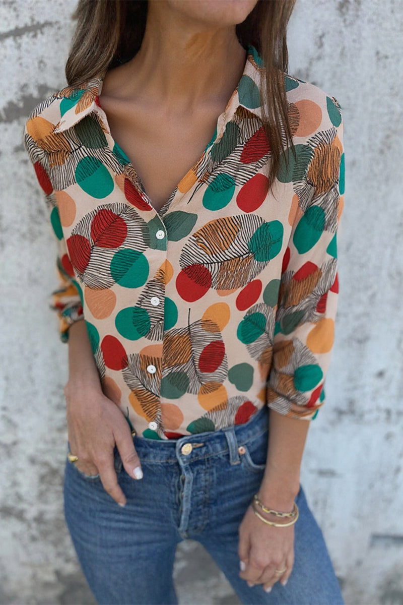 Casual Polka Dot Leaf Print Buttons Contrast Turndown Collar Blouses