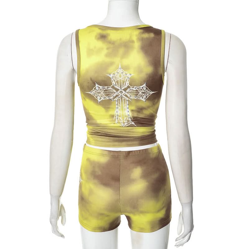 U neck contrast cross print short pant set  | Festival Outfits Women