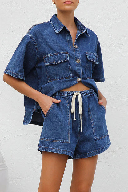 Casual Distressed Draw String Pocket Turndown Collar Short Sleeve Two Pieces