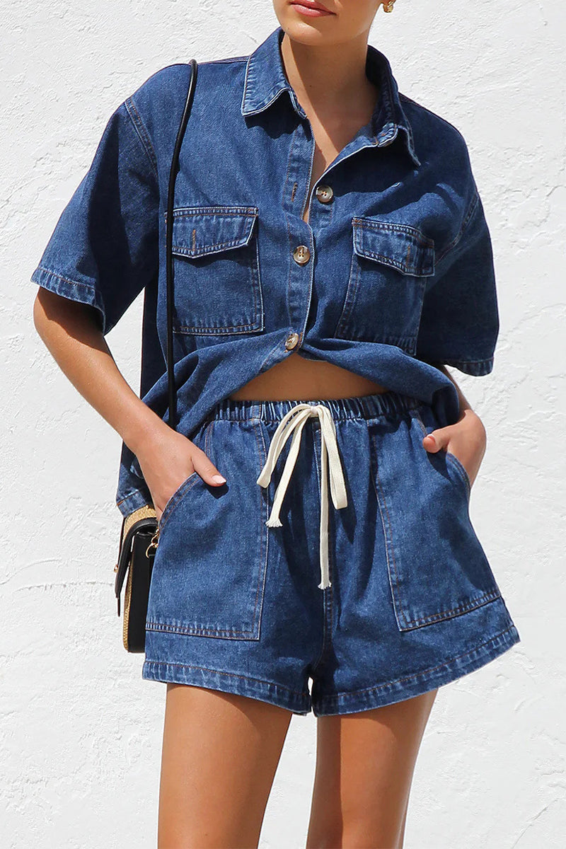 Casual Distressed Draw String Pocket Turndown Collar Short Sleeve Two Pieces