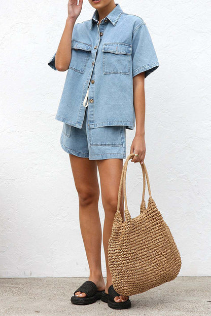 Casual Distressed Draw String Pocket Turndown Collar Short Sleeve Two Pieces