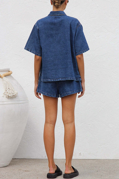 Casual Distressed Draw String Pocket Turndown Collar Short Sleeve Two Pieces