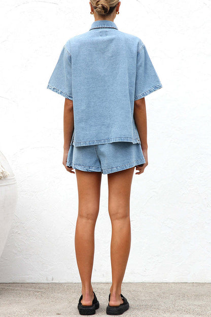 Casual Distressed Draw String Pocket Turndown Collar Short Sleeve Two Pieces