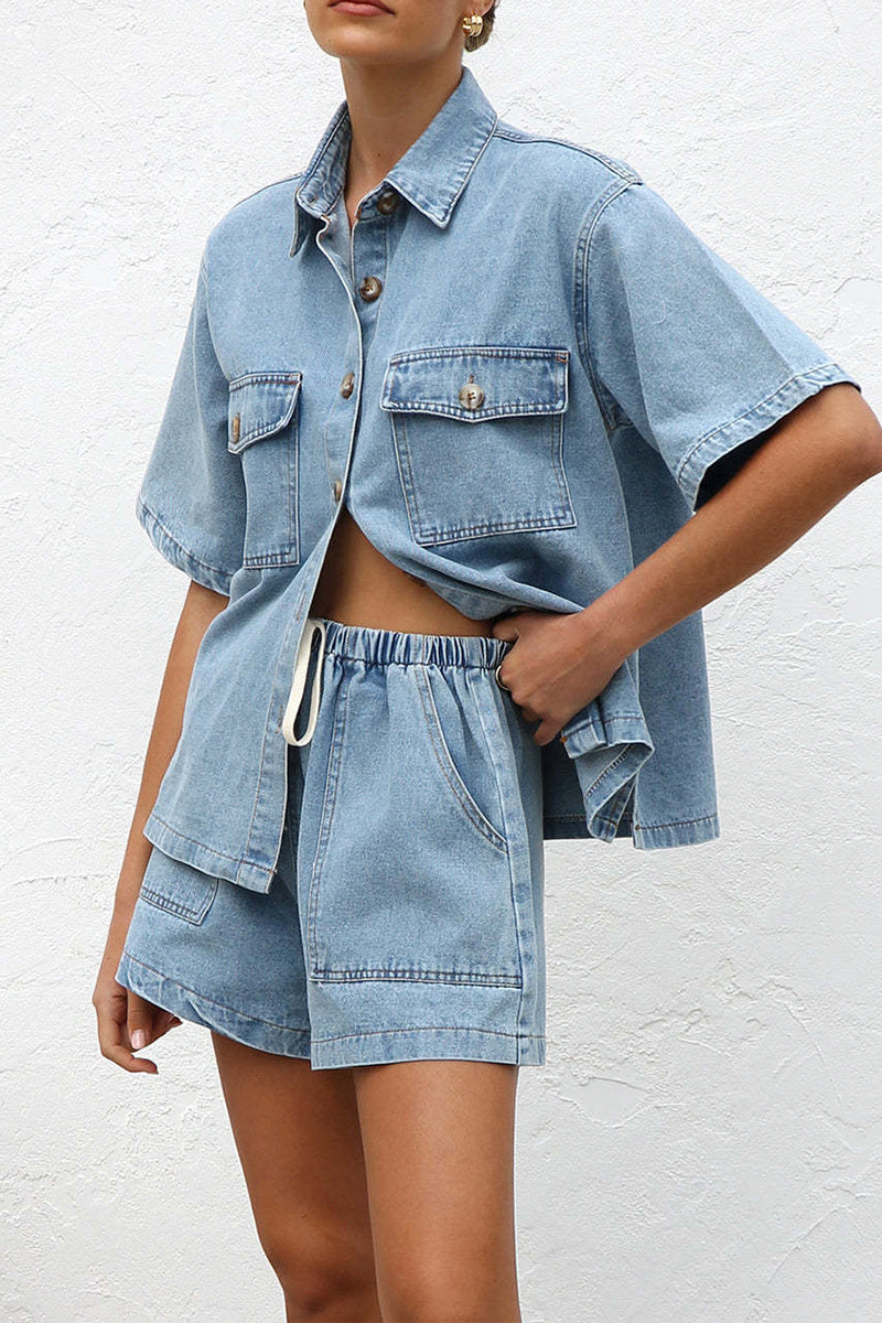 Casual Distressed Draw String Pocket Turndown Collar Short Sleeve Two Pieces