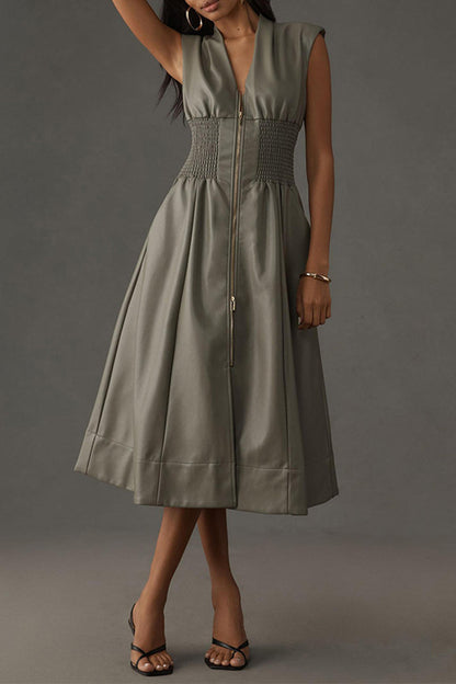 Casual Pocket Zipper V Neck Sleeveless Dresses(3 Colors)