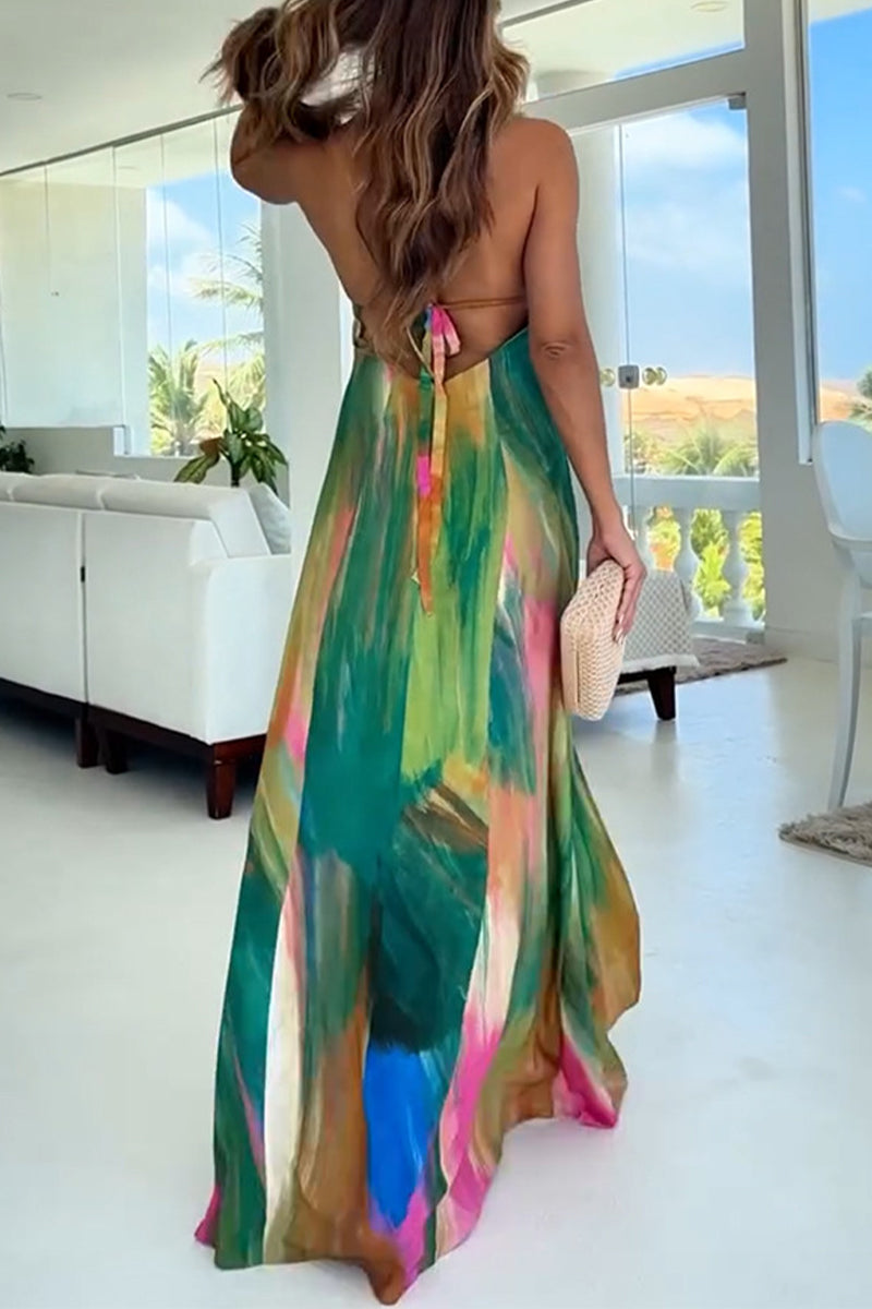 Sexy Gradient Backless Strap Design Halter Dresses