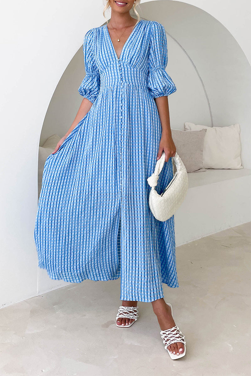 Elegant Buttons Patchwork V Neck A Line Dresses(3 Colors)