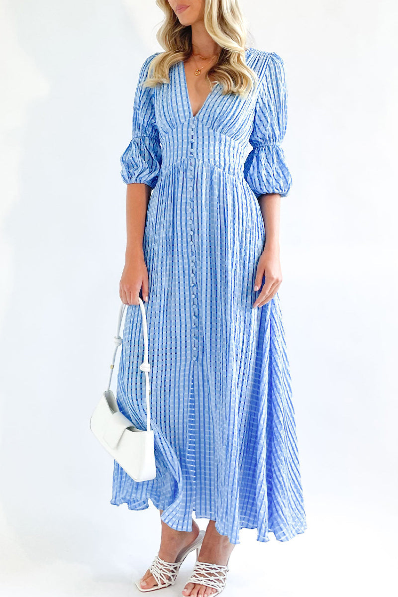 Elegant Buttons Patchwork V Neck A Line Dresses(3 Colors)