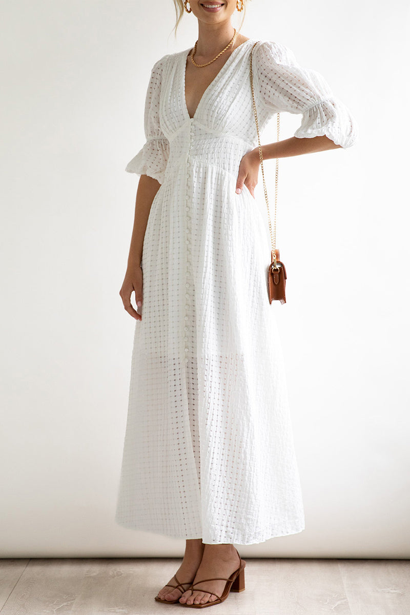 Elegant Buttons Patchwork V Neck A Line Dresses(3 Colors)