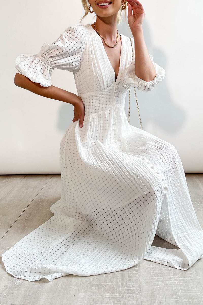 Elegant Buttons Patchwork V Neck A Line Dresses(3 Colors)