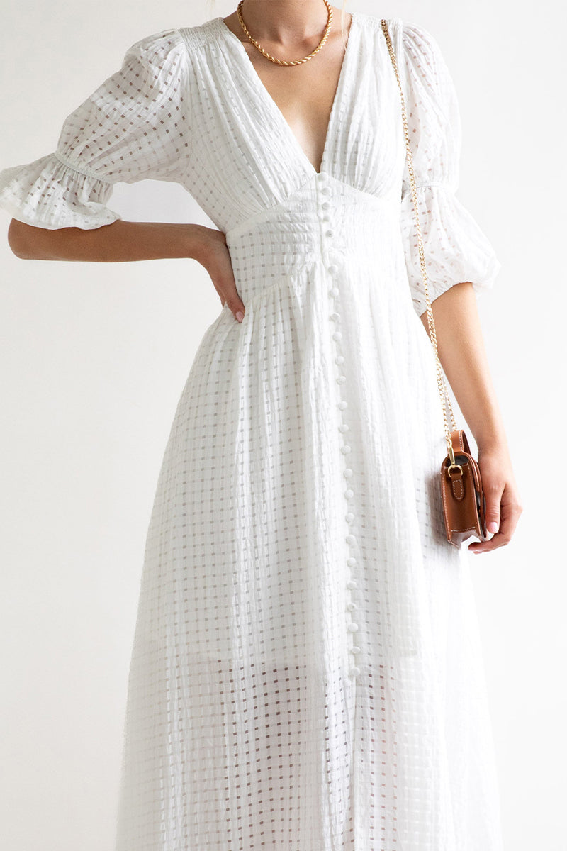 Elegant Buttons Patchwork V Neck A Line Dresses(3 Colors)