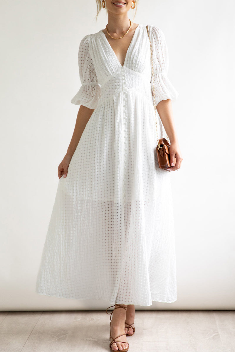 Elegant Buttons Patchwork V Neck A Line Dresses(3 Colors)