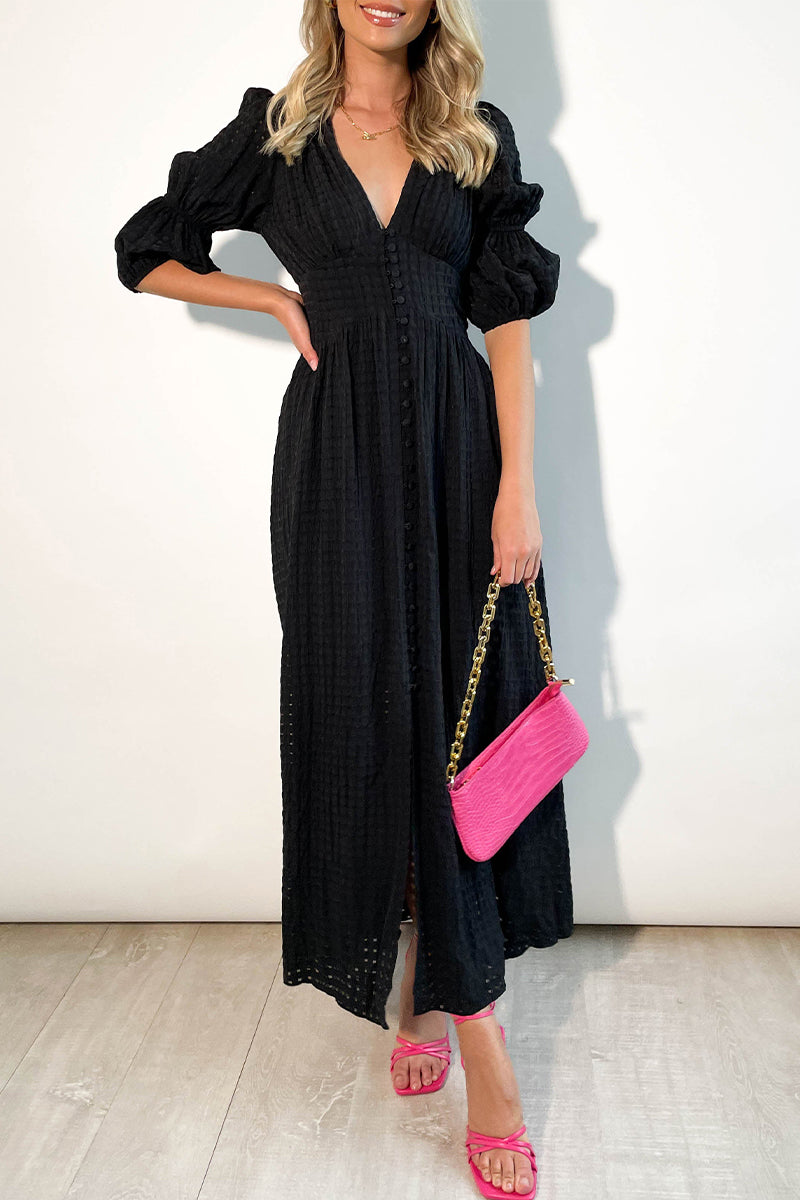 Elegant Buttons Patchwork V Neck A Line Dresses(3 Colors)