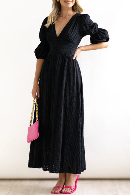 Elegant Buttons Patchwork V Neck A Line Dresses(3 Colors)