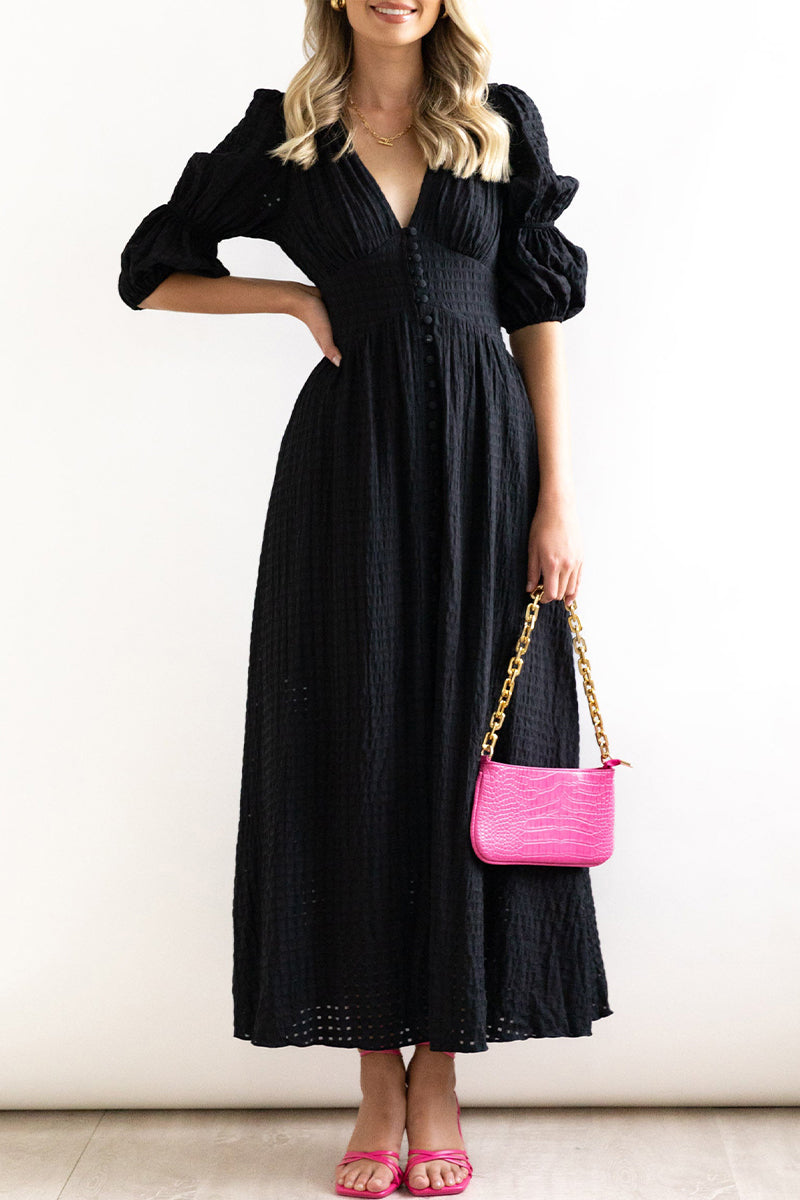 Elegant Buttons Patchwork V Neck A Line Dresses(3 Colors)