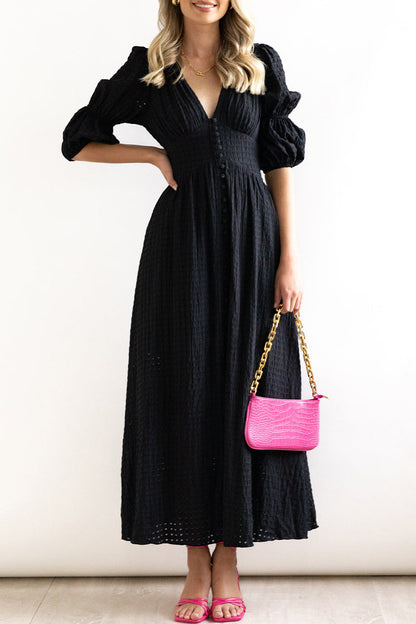 Elegant Buttons Patchwork V Neck A Line Dresses(3 Colors)