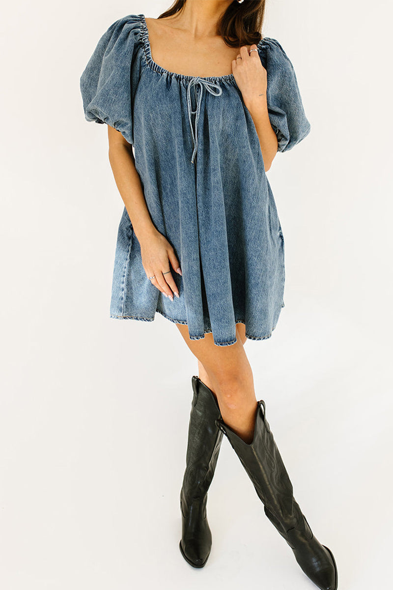 Casual Draw String Pocket Square Neck Short Sleeve Loose Denim Dresses(3 Colors)