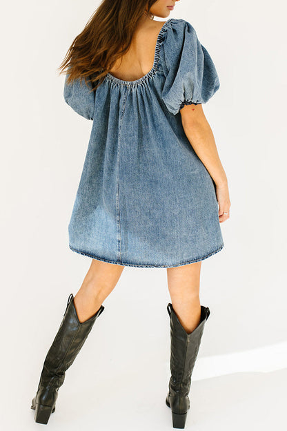 Casual Draw String Pocket Square Neck Short Sleeve Loose Denim Dresses(3 Colors)