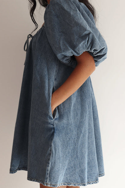 Casual Draw String Pocket Square Neck Short Sleeve Loose Denim Dresses(3 Colors)