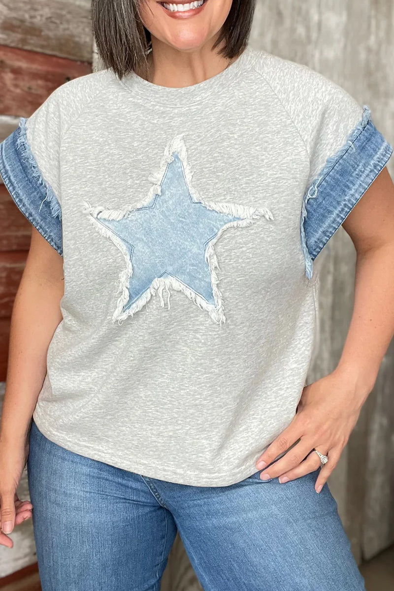 Camisetas informales con cuello redondo y parches desgastados de estrellas