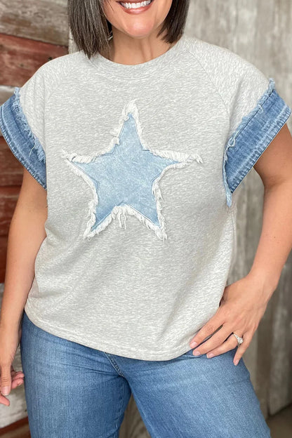 Camisetas informales con cuello redondo y parches desgastados de estrellas