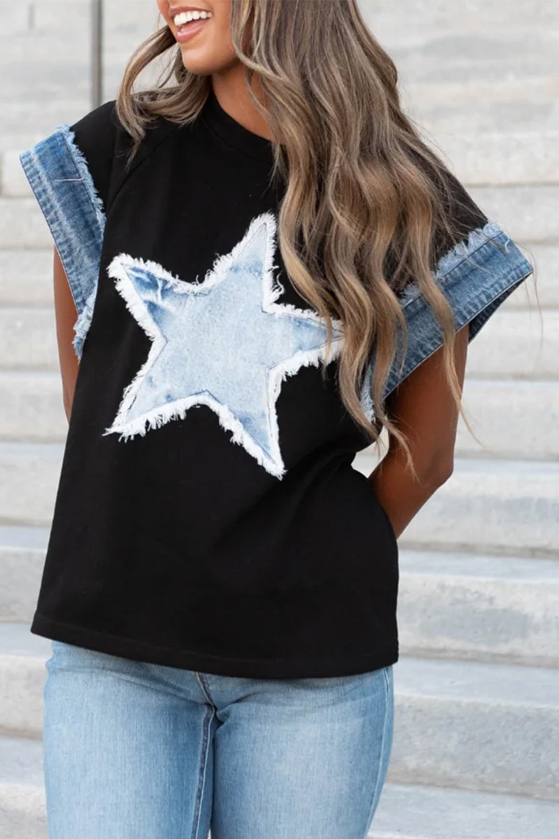Camisetas informales con cuello redondo y parches desgastados de estrellas