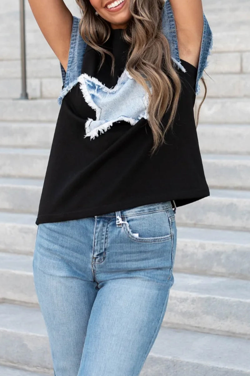 Camisetas informales con cuello redondo y parches desgastados de estrellas