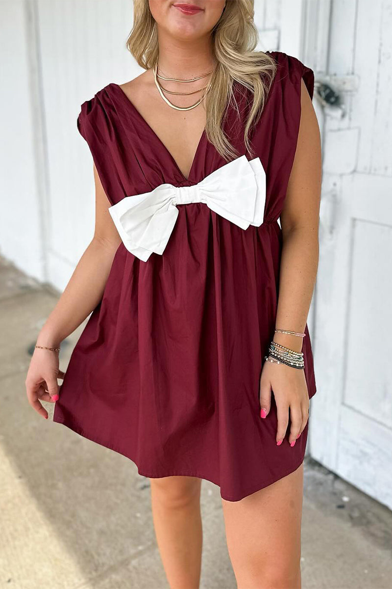 Daily Bow Patchwork Contrast V Neck Sleeveless Dresses
