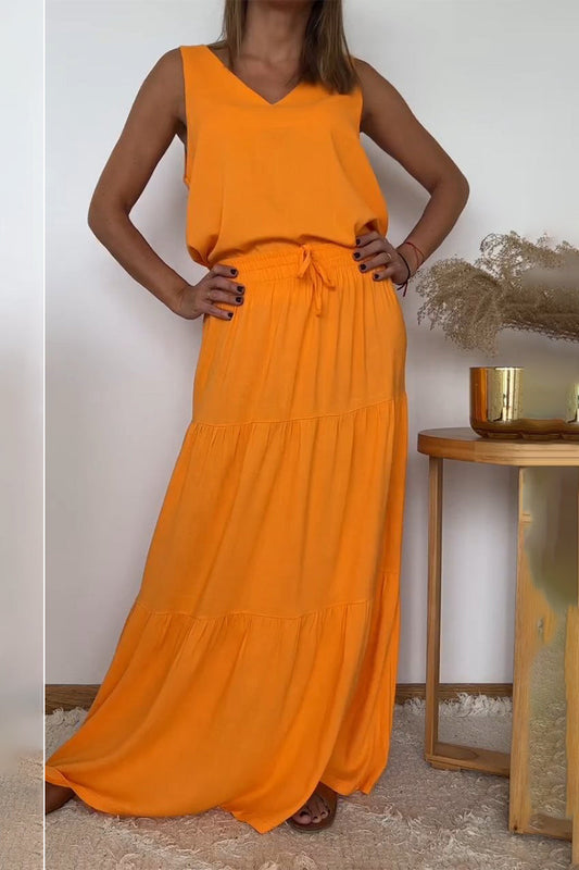 Casual Lace Up Flounce V Neck Sleeveless Two Pieces(6 Colors)