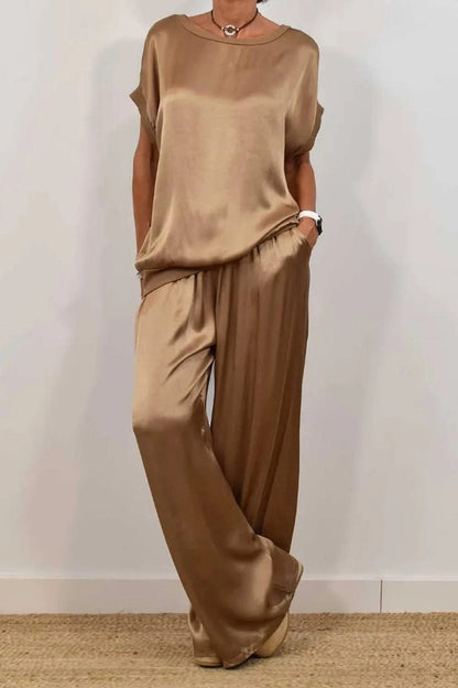 Casual Draw String Pocket O Neck Short Sleeve Two Pieces(4 Colors)