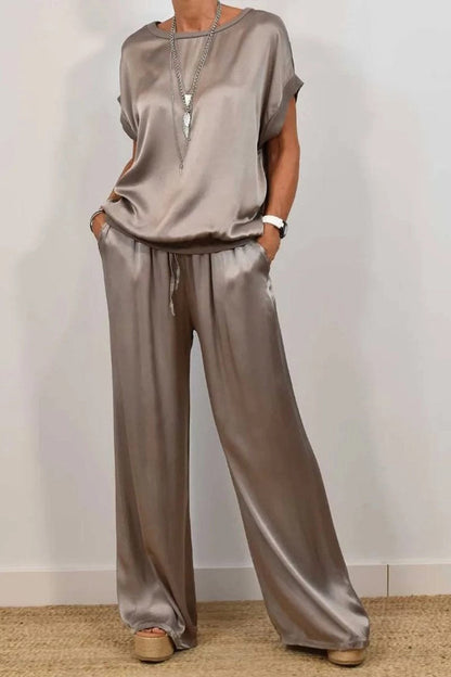 Casual Draw String Pocket O Neck Short Sleeve Two Pieces(4 Colors)