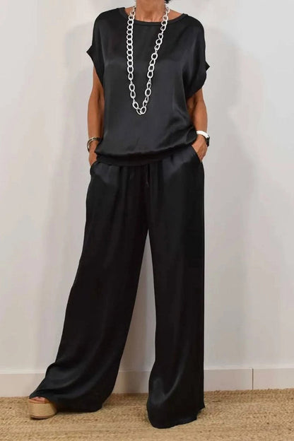 Casual Draw String Pocket O Neck Short Sleeve Two Pieces(4 Colors)