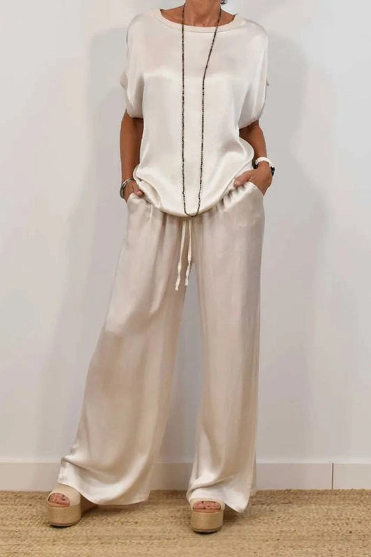 Casual Draw String Pocket O Neck Short Sleeve Two Pieces(4 Colors)