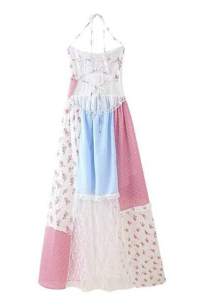 Elegant Floral Print Lace Draw String Backless Contrast Halter Long Dresses