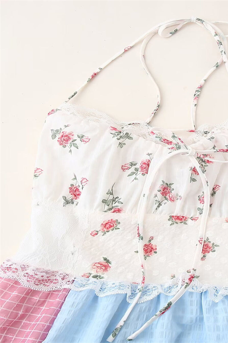 Elegant Floral Print Lace Draw String Backless Contrast Halter Long Dresses