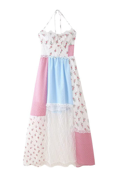 Elegant Floral Print Lace Draw String Backless Contrast Halter Long Dresses