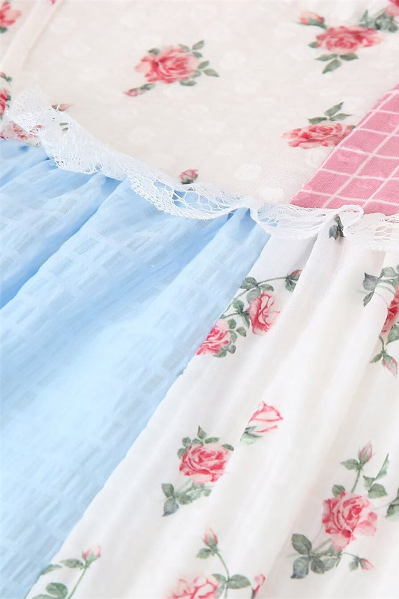 Elegant Floral Print Lace Draw String Backless Contrast Halter Long Dresses