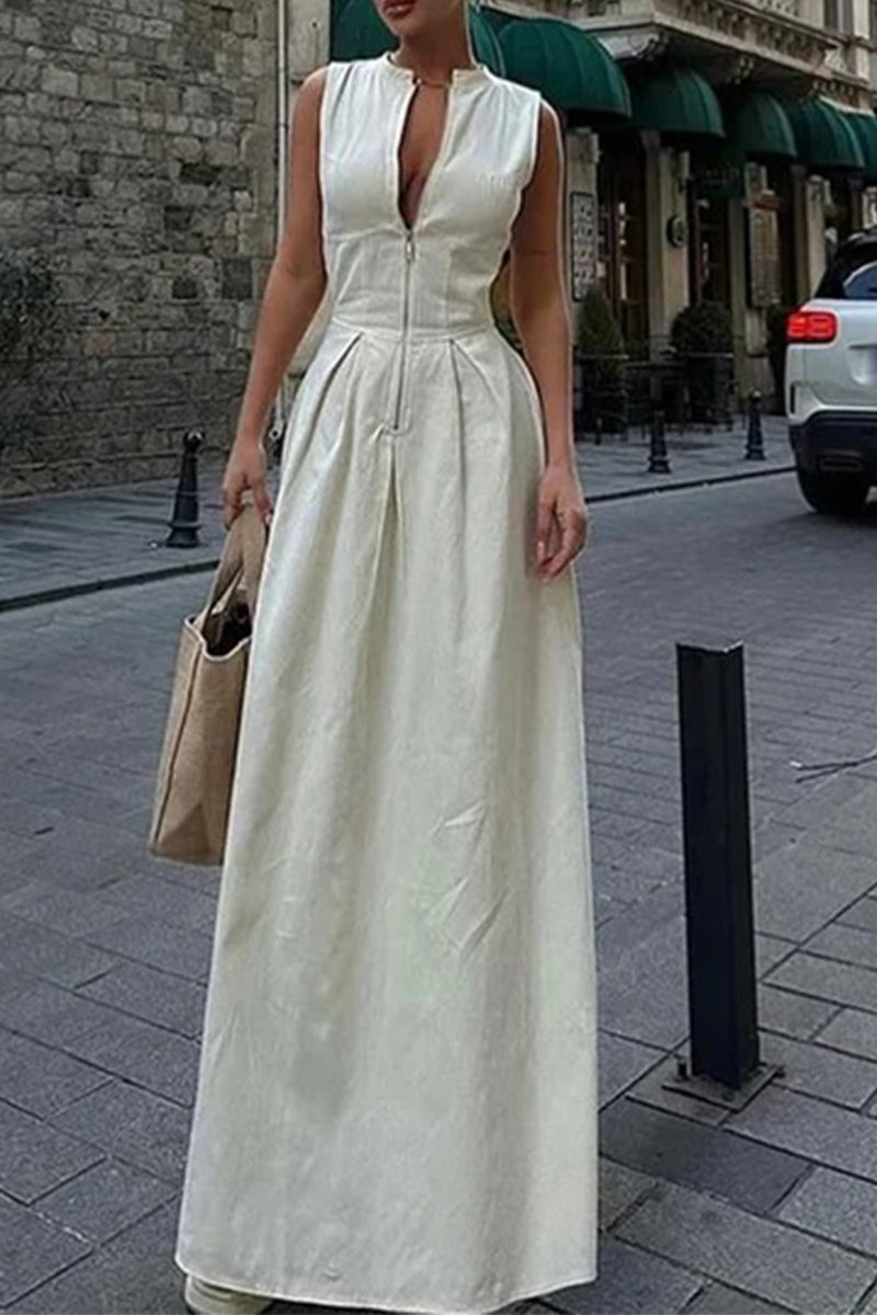 Vestidos largos casuales de calle con bolsillos y cremallera, cuello redondo (3 colores)