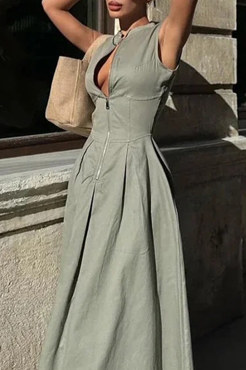 Vestidos largos casuales de calle con bolsillos y cremallera, cuello redondo (3 colores)