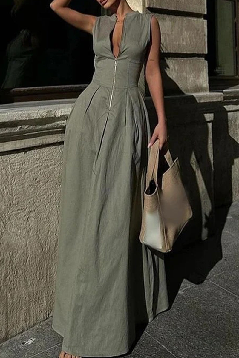 Vestidos largos casuales de calle con bolsillos y cremallera, cuello redondo (3 colores)