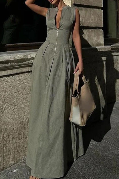 Vestidos largos casuales de calle con bolsillos y cremallera, cuello redondo (3 colores)
