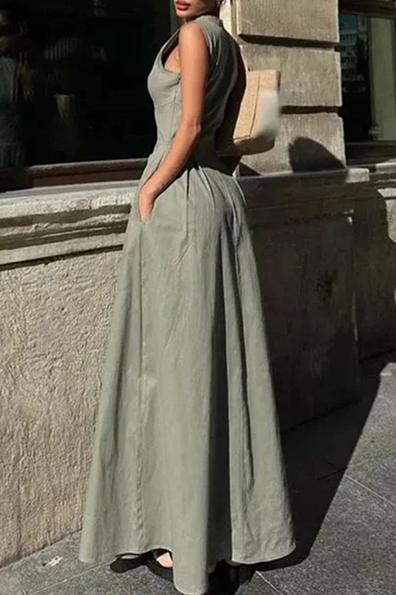 Vestidos largos casuales de calle con bolsillos y cremallera, cuello redondo (3 colores)