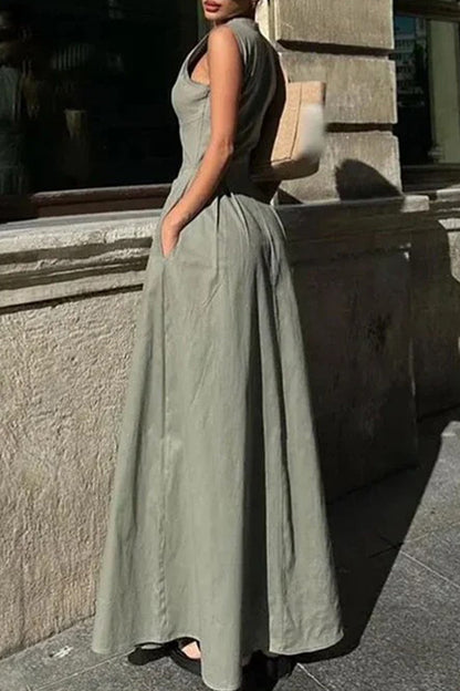 Vestidos largos casuales de calle con bolsillos y cremallera, cuello redondo (3 colores)