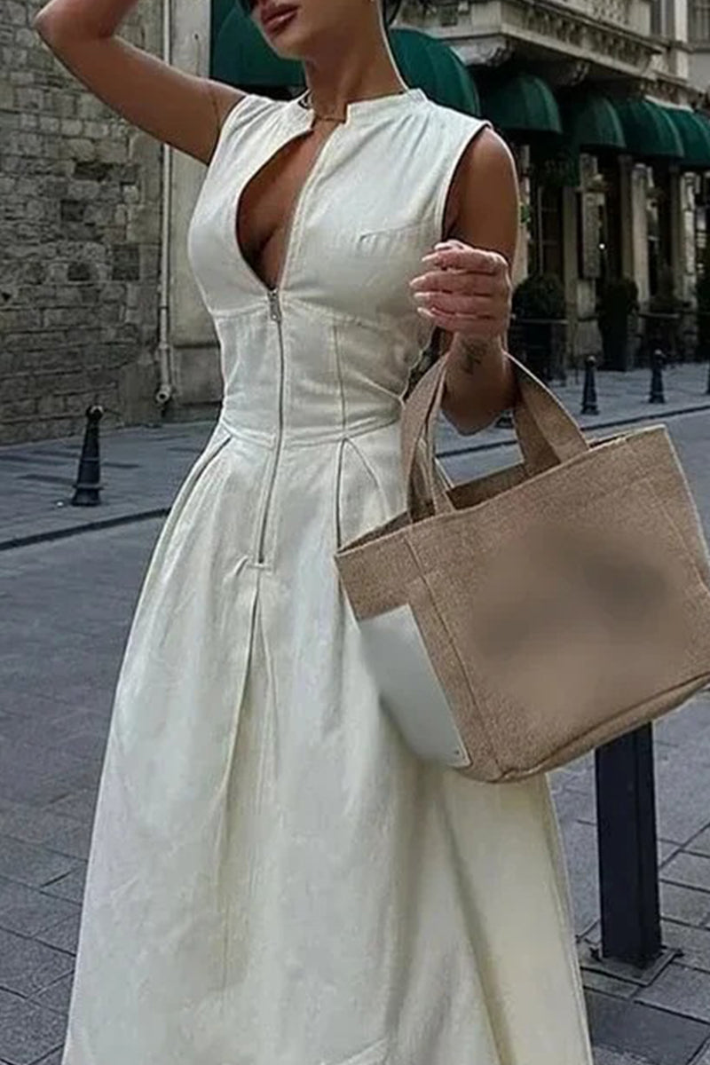 Vestidos largos casuales de calle con bolsillos y cremallera, cuello redondo (3 colores)
