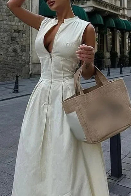 Vestidos largos casuales de calle con bolsillos y cremallera, cuello redondo (3 colores)