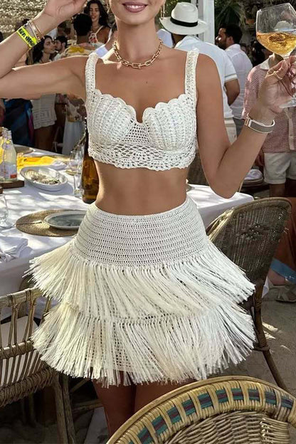 Sexy Fringed Trim Weave V Neck Sleeveless Two Pieces