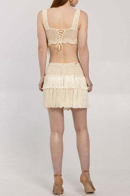 Sexy Fringed Trim Weave V Neck Sleeveless Two Pieces