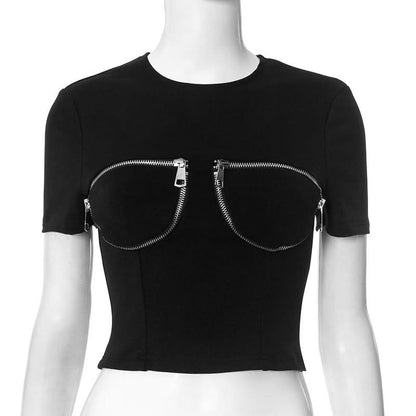 Short sleeve crewneck zip-up top  | Festival Outfits Women